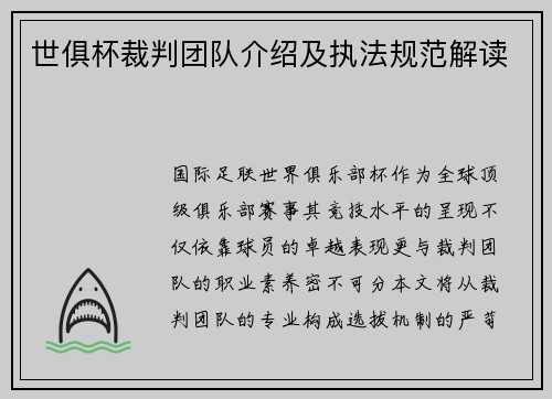 世俱杯裁判团队介绍及执法规范解读