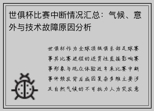 世俱杯比赛中断情况汇总：气候、意外与技术故障原因分析
