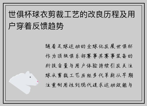 世俱杯球衣剪裁工艺的改良历程及用户穿着反馈趋势